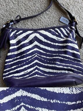 Coach Purple and White Zebra-Print Shoulder Bag with Tassel